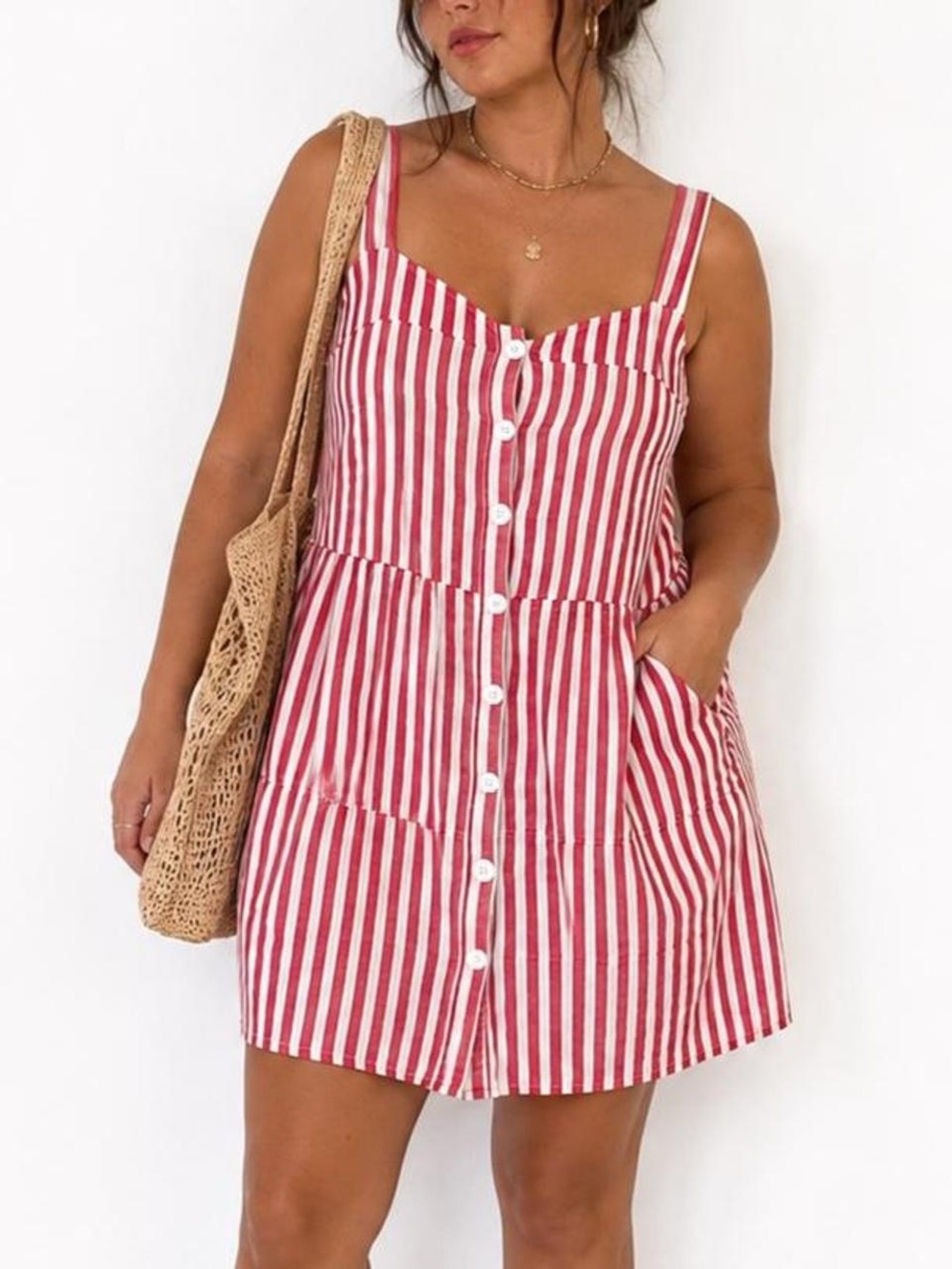 STOP Red & Cream Linen-Feel Striped Button Front Mini Sundress Size Large